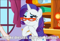 Size: 728x500 | Tagged: safe, edit, edited screencap, screencap, rarity, pony, unicorn, g4, season 9, she's all yak, caption, carousel boutique, cropped, female, glasses, horn, image macro, imgflip, indoors, just one bite, mare, meme, rarity's glasses, reference, solo, spongebob reference, spongebob squarepants, text, you like krabby patties don't you squidward?