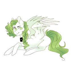 Size: 768x768 | Tagged: safe, artist:saturn cat, oc, oc only, pegasus, pony, 2018, digital art, green mane, green tail, lying down, pegasus oc, prone, simple background, smiling, solo, spread wings, tail, white background, white coat, wings