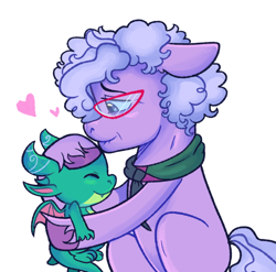 Size: 706x698 | Tagged: safe, artist:kreeeeeez, grandma figgy, sparky sparkeroni, dragon, earth pony, pony, g5, baby, baby dragon, clothes, cute, duo, eyes closed, female, floppy ears, glasses, grandmother, grandmother and great grandson, great grand child, heart, male, scarf, simple background, smiling, sparkybetes, white background