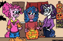 Size: 1247x818 | Tagged: safe, artist:tmntfan85, melody, pinkie pie, rarity, earth pony, unicorn, anthro, g1, g4, female, g1 to g4, generation leap, grin, halloween, holiday, horn, jack-o-lantern, knife, lesbian, lidded eyes, messy, older, older pinkie pie, older rarity, open mouth, open smile, pumpkin, ship:raripie, shipping, smiling, trio, trio female