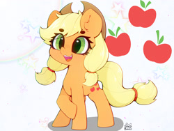 Size: 4000x3000 | Tagged: safe, artist:zokkili, applejack, earth pony, pony, g4, applejack's hat, beanbrows, cowboy hat, cute, cutie mark background, ear fluff, eyebrows, eyebrows visible through hair, female, hat, high res, jackabetes, mare, open mouth, open smile, raised hoof, signature, smiling, solo, stars, tail