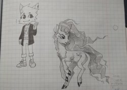 Size: 1646x1170 | Tagged: safe, artist:saturn cat, oc, oc only, pony, unicorn, anthro, 2019, digital art, duo, furry, furry oc, graph paper, horn, pencil drawing, photo, traditional art