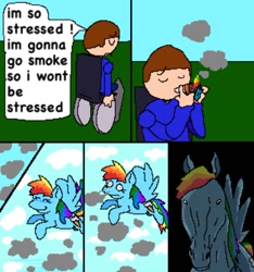 Size: 640x683 | Tagged: safe, artist:collectmymarble, rainbow dash, human, pegasus, pony, g4, comic, drugs, hoers, humor, marijuana, outdoors, smoke, solo, wheelchair