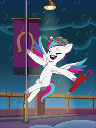 Size: 1528x2043 | Tagged: safe, artist:prixy05, zipp storm, pegasus, pony, g5, my little pony: tell your tale, belly, eyes closed, fedora, female, hat, hoof hold, lamppost, magnetic hooves, mare, maretime bay, outdoors, rain, round belly, singin' in the rain, singing, solo, spread wings, umbrella, unitober 2024, wings