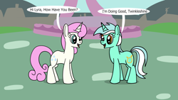 Size: 1920x1080 | Tagged: safe, artist:platinumdrop, lyra heartstrings, twinkleshine, pony, unicorn, g4, commission, dialogue, duo, happy, horn, outdoors, smiling, speech bubble, standing, talking