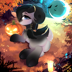 Size: 3395x3380 | Tagged: safe, artist:empress-twilight, oc, oc only, oc:misty, bat, goat, butt, candle, chest fluff, commission, crescent moon, female, fluffy, grass, halloween, holiday, jack-o-lantern, looking at you, looking back, looking back at you, lying down, moon, non-pony oc, on side, outdoors, plot, pumpkin, rear view, solo, tail, tree, winged goat, ych result