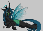 Size: 2400x1743 | Tagged: safe, artist:vendette, queen chrysalis, changeling, changeling queen, g4, female, green tongue, insect wings, lidded eyes, long tongue, looking at you, lying down, mare, sharp teeth, simple background, spread wings, teeth, tongue out, wings