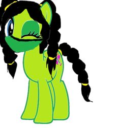 Size: 873x916 | Tagged: artist needed, source needed, safe, earth pony, pony, black hair, blue eyes, ears up, eyelashes, face mask, female, hairband, jade (mortal kombat), looking at you, mare, mask, mortal kombat, one eye closed, ponified, quadrupedal, simple background, solo, standing, white background, wink, winking at you