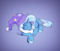 Size: 2429x2102 | Tagged: safe, artist:aquaticvibes, trixie, pony, unicorn, g4, cute, diatrixes, eyes closed, female, gradient background, hat, high res, horn, mare, nightcap, pillow, sleeping, solo