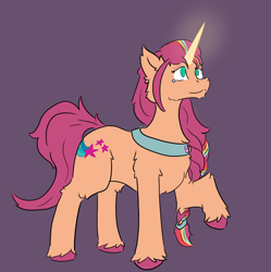 Size: 2420x2430 | Tagged: safe, artist:ollie sketchess, sunny starscout, pony, unicorn, g5, spoiler:g5, artificial horn, augmented, bag, female, glowing, glowing horn, horn, long mane, looking up, magic, magic horn, mane stripe sunny, mare, purple background, raised hoof, saddle bag, simple background, solo, sunny's bag, unicorn sunny starscout, unshorn fetlocks, wingless