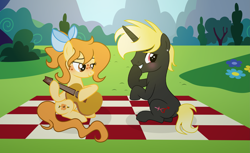 Size: 4593x2813 | Tagged: safe, artist:darbypop1, oc, oc only, oc:honey wa, oc:jesse lovejoy, earth pony, pony, unicorn, blushing, bow, duo, duo male and female, female, guitar, hair bow, horn, male, mare, musical instrument, outdoors, picnic blanket, stallion