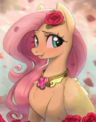 Size: 3931x5000 | Tagged: safe, artist:nookprint, fluttershy, pegasus, pony, g4, bust, cute, element of kindness, female, flower, flower in hair, mare, portrait, rose, shyabetes, smiling, solo