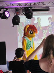 Size: 480x640 | Tagged: safe, artist:atalonthedeer, oc, oc only, oc:canni soda, human, galacon, 2012, clothes, fursuit, indoors, irl, irl human, photo, ponysuit, solo focus