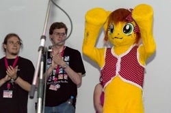 Size: 640x426 | Tagged: safe, artist:atalonthedeer, oc, oc only, oc:canni soda, human, galacon, 2012, clothes, fursuit, indoors, irl, irl human, photo, ponysuit, solo focus