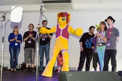 Size: 640x426 | Tagged: safe, artist:atalonthedeer, oc, oc only, oc:canni soda, human, galacon, 2012, clothes, fursuit, indoors, irl, irl human, photo, ponysuit, solo focus