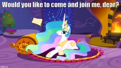 Size: 889x500 | Tagged: safe, edit, edited screencap, screencap, princess celestia, alicorn, pony, call of the cutie, g4, bronybait, caption, female, fire, fireplace, image macro, imgflip, indoors, lying down, mare, prone, scroll, solo, talking to viewer, text