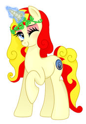 Size: 400x570 | Tagged: safe, artist:aya yai, oc, oc only, oc:miss libussa, pony, unicorn, czequestria, g4, female, female oc, glowing, glowing horn, horn, leaves, leaves in hair, looking at you, mare oc, one eye closed, pony oc, raised hoof, simple background, solo, transparent background, unicorn oc, wink, winking at you