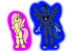 Size: 1414x1000 | Tagged: safe, artist:zetikoopa, fluttershy, princess luna, alicorn, pegasus, g4, animatronic, animatronic pony, duo, duo female, female, five nights at freddy's, mare, simple background, transparent background