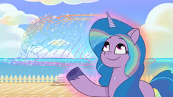 Size: 1920x1080 | Tagged: safe, screencap, izzy moonbow, pony, unicorn, g5, my little pony: tell your tale, the water park, spoiler:g5, spoiler:my little pony: tell your tale, spoiler:tyts02e23, female, horn, imagining, izzy rainbow, magic, mare, ocean, outdoors, raised hoof, solo, transformation, water