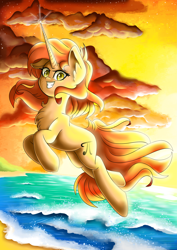 Size: 2893x4092 | Tagged: safe, artist:natanvok, oc, pony, unicorn, beach, cloud, crepuscular rays, female, horn, mare, not sunset shimmer, ocean, outdoors, pi, seashore, smiling, solo, sunlight, water