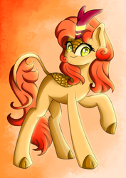 Size: 2893x4092 | Tagged: safe, artist:natanvok, oc, oc only, kirin, cloven hooves, female, gradient background, raised hoof, solo