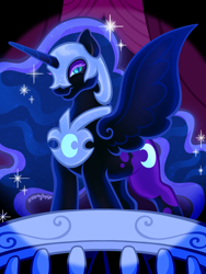 Size: 1800x2400 | Tagged: safe, artist:sparkytopia, nightmare moon, alicorn, pony, mlp fim's fourteenth anniversary, g4, armor, black coat, blue mane, eyeshadow, female, flowing hair, indoors, looking at you, makeup, mare, solo, spotlight, spread wings, summer sun celebration, wings