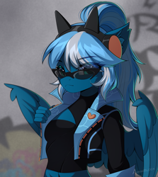 Size: 1755x1968 | Tagged: safe, artist:airiniblock, oc, oc:vivid tone, pegasus, anthro, anthro oc, clothes, ear fluff, glasses, headphones, jacket, pegasus oc, solo, wings