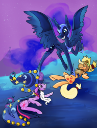 Size: 1988x2616 | Tagged: safe, alternate version, artist:destiny_manticor, applejack, princess luna, twilight sparkle, alicorn, earth pony, pony, unicorn, mlp fim's fourteenth anniversary, g4, cape, clothes, commission, concave belly, cosplay, costume, ethereal mane, ethereal tail, evil smile, fake fangs, fangs, female, hat, height difference, helmet, horn, jewelry, long legs, looking at each other, looking at someone, lying down, magic, mare, night, night sky, nightmare moon costume, nightmare night, nightmare night costume, open mouth, open smile, playing, ponyville, prone, regalia, roleplay, scarecrow, sky, slender, smiling, spread wings, star swirl the bearded costume, stepped on, tail, tall, telekinesis, thin, trio, trio female, twilight the bearded, unicorn twilight, water balloon, wings