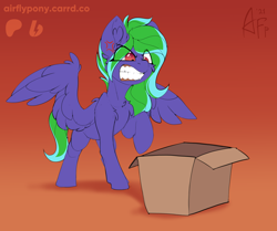 Size: 1600x1338 | Tagged: safe, artist:airfly-pony, oc, oc:weldbead, pegasus, 2021, angry, box, female, patreon, patreon reward, raised hoof, spread wings, wings