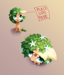 Size: 4000x4700 | Tagged: safe, artist:anastas, oc, oc only, pony, unicorn, blushing, chibi, commission, cute, eyelashes, female, floppy ears, flower, flower in hair, gradient background, horn, kiss mark, leaves, leaves in hair, lipstick, mare, open mouth, solo, sternocleidomastoid, text, ych result