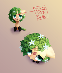 Size: 4000x4700 | Tagged: safe, alternate version, artist:anastas, oc, oc only, pony, unicorn, blushing, chibi, clothes, commission, cute, eyelashes, female, floppy ears, flower, flower in hair, gradient background, horn, kiss mark, leaves, leaves in hair, lipstick, mare, open mouth, socks, solo, sternocleidomastoid, stockings, text, thigh highs, ych result