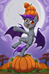 Size: 1639x2500 | Tagged: safe, artist:stoic5, oc, oc only, oc:anna umbra, bat pony, female, happy, mare, moon, night, outdoors, pumpkin, solo