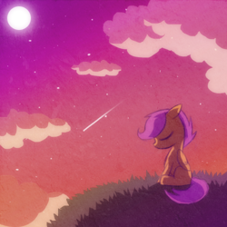 Size: 500x500 | Tagged: safe, artist:xxacidnekoxx, scootaloo, pegasus, pony, g4, eyes closed, female, filly, foal, full moon, moon, outdoors, sad, shooting star, sitting, solo