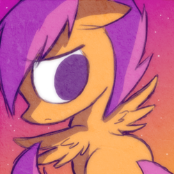 Size: 500x500 | Tagged: safe, artist:xxacidnekoxx, scootaloo, pegasus, pony, g4, female, filly, floppy ears, foal, looking back, outdoors, sad, solo, spread wings, wings