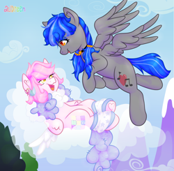 Size: 5350x5250 | Tagged: safe, artist:audreen, oc, oc only, oc:rem, oc:softie, pegasus, pony, cloud, duo, flying, lying down, lying on a cloud, on a cloud, outdoors