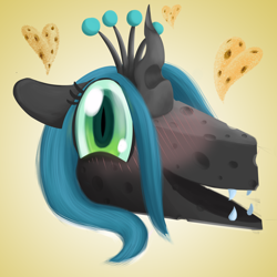 Size: 3000x3000 | Tagged: artist needed, safe, derpibooru exclusive, queen chrysalis, changeling, g4, cheese, crown, fangs, food, heart, horn, jewelry, looking at you, queen swissalis, regalia, solo, wat