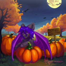 Size: 5000x5000 | Tagged: safe, artist:grape dragon, oc, oc only, oc:шилка, bat pony, bird, cyrillic, female, moon, outdoors, pumpkin, sign, solo, tree