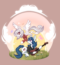 Size: 2927x3184 | Tagged: safe, artist:cvpid13, oc, oc only, butterfly, pegasus, pony, unicorn, commission open, duo, guitar, horn, looking at each other, looking at someone, musical instrument, oc x oc, pegasus oc, shipping, unicorn oc, wholesome