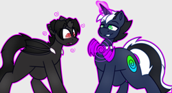 Size: 4872x2656 | Tagged: safe, artist:askhypnoswirl, oc, oc only, oc:hypno swirl, oc:polo fastter, bat pony, hybrid, unicorn, bat pony oc, bowtie, dazed, duo, duo male, gray background, horn, hybrid oc, hypnosis, hypnotized, magic, male, simple background, spinning, unicorn oc