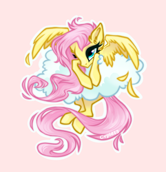 Size: 3022x3136 | Tagged: safe, artist:cvpid13, fluttershy, pegasus, pony, g4, cloud, female, mare, pink background, simple background, solo