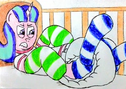 Size: 2999x2125 | Tagged: safe, artist:bitter sweetness, starlight glimmer, pony, unicorn, g4, abdl, adult foal, bed, clothes, crib, diaper, diaper fetish, fetish, horn, lip bite, lying down, lying on bed, non-baby in diaper, on bed, poofy diaper, socks, solo, striped socks, traditional art