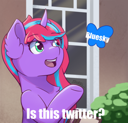 Size: 2904x2801 | Tagged: safe, artist:morrigun, oc, oc only, butterfly, pony, unicorn, bluesky, eyes open, female, heterochromia, horn, is this a pigeon, mare, meme, open mouth, outdoors, ponified meme, signature, solo, teeth, text, window