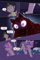 Size: 960x1440 | Tagged: safe, artist:cold-blooded-twilight, spike, twilight sparkle, dragon, pony, unicorn, cold blooded twilight, comic:cold storm, g4, alternate design, bed, comic, crying, dialogue, female, glowing, glowing eyes, hair over eyes, horn, mare, open mouth, pillow, silhouette, speech bubble, sweat, twilight's bedroom, unicorn twilight