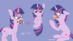 Size: 1700x960 | Tagged: safe, artist:sion, sci-twi, twilight sparkle, pony, unicorn, g4, blue background, chocolate, cute, female, floppy ears, food, glasses, glowing, glowing horn, horn, levitation, magic, mare, marshmallow, no pupils, open mouth, sci-twiabetes, simple background, sitting, solo, telekinesis, twiabetes, unicorn sci-twi