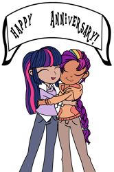 Size: 730x1098 | Tagged: safe, artist:darktailsko, artist:icicle-niceicle-1517, sunny starscout, twilight sparkle, human, mlp fim's fourteenth anniversary, g4, g5, banner, clothes, collaboration, colored, cute, denim, duo, duo female, eyes closed, female, generation leap, hoodie, hug, humanized, jeans, lesbian, mane stripe sunny, open mouth, pants, ship:twiscout, shipping, shirt, simple background, sunny and her heroine, sunnybetes, sweater vest, transparent background, twiabetes