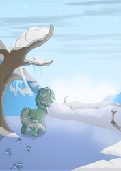 Size: 4961x7016 | Tagged: safe, artist:dusk-spark, lyra heartstrings, pony, unicorn, fanfic:no place like home, g4, absurd resolution, fanfic art, hoofprints, horn, mountain, outdoors, scenery, snow, solo, tree