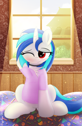 Size: 2401x3700 | Tagged: safe, artist:rainbowšpekgs, dj pon-3, vinyl scratch, pony, unicorn, g4, bed, blushing, choker, clothes, horn, indoors, morning, morning ponies, on bed, one eye closed, shirt, sleepy, smiling, solo, stretching, t-shirt, window, wrong eye color