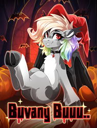 Size: 803x1063 | Tagged: safe, artist:buvanybu, oc, oc only, oc:buvany, bat, bat pony, pony, choker, halloween, hat, holiday, hooves, nightmare night, outdoors, pumpkin, solo