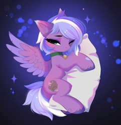 Size: 3759x3903 | Tagged: safe, artist:empress-twilight, oc, oc only, oc:satin showers, pegasus, pony, bell, bell collar, blushing, cheek fluff, collar, commission, ear fluff, female, hug, mare, one eye closed, pegasus oc, pillow, pillow hug, solo, sparkles, spread wings, tail, unshorn fetlocks, wings, ych result