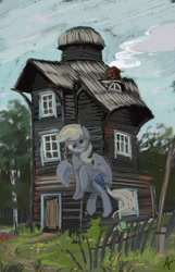 Size: 1236x1920 | Tagged: safe, artist:alexandrvirus, derpy hooves, pegasus, pony, g4, barn, female, fence, flying, mare, outdoors, painting, scenery, solo, texture, textured background